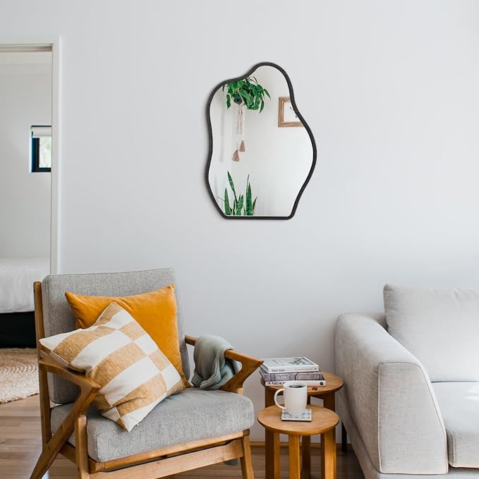 Irregular Mirror for Wall Decor Modern Asymmetrical Small Wall Mirror with Wooden Framed Unique Shape Vanity Artistic Cloud Mirror Decorative for Living Room Bedroom Bathroom