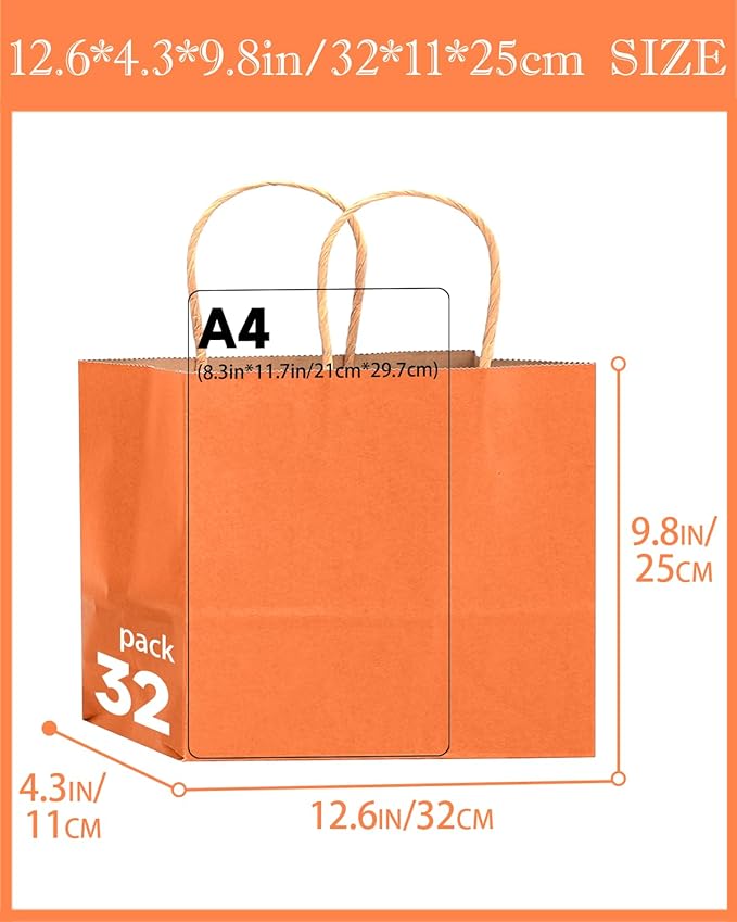 qiqee 13"x4.5"x10" Large Gift Bag with Handles Bulk 32PCS Gift Paper Bags Orange Bags Multiple Uses (Wide Large)