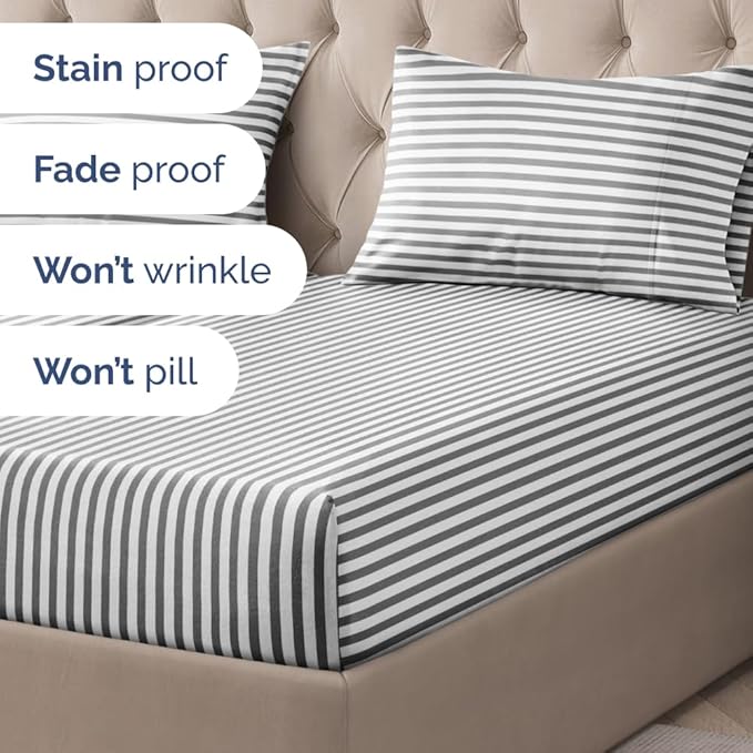 Striped Sheets - Grey Striped Sheets - 1 Flat & 2 Fitted & 2 Pillowcases w/ Deep Pockets – Wrinkle & Fade Free - Ultra-Soft, Breathable and Cooling – Luxury Pinstripe Bedding - Split King Size Bed Set