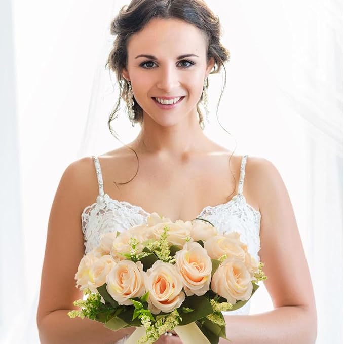 CYANLUX Wedding Bouquets for Bride Bridesmaid Bouquet Champagne White Artificial Roses Flowers for Wedding Valentine's Day Church Home Decoration (1#Champagne)…