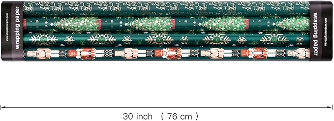 WRAPAHOLIC 30 Inch Nutcracker Christmas Wrapping Paper Roll - Jumbo Roll Green Christmas Tree, Snowflakes and Nutcracker with Metallic Foil Shine Design - 4 Rolls - 30 Inch x 120 Inch Per Roll