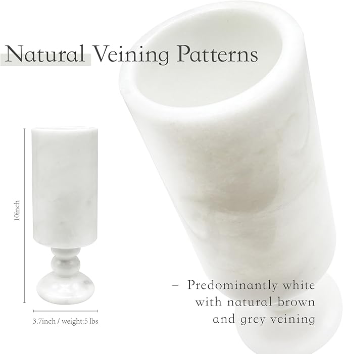 White Vase Real Marble for Home Centerpiece for Dining Table, 10 inch Stone Flower Vase or Desk Décor for Bouquet and Pampas Grass, French Boho Style