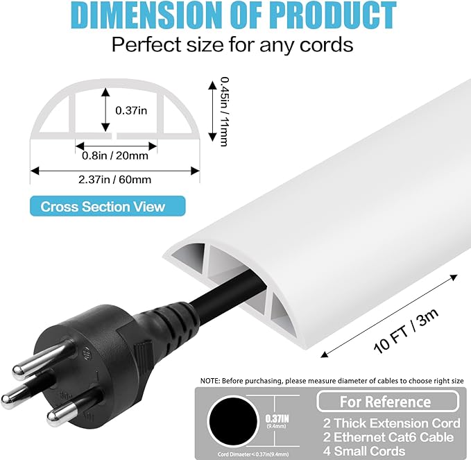 Floor Cord Cover Cavity 0.8"x0.37" Self Adhesive Cord Hider, 10FT Low Profile Cable Management, Extension Strip Protector for Wires, Prevent Cable Trips for Offices, Gyms, Exhibitions（White）