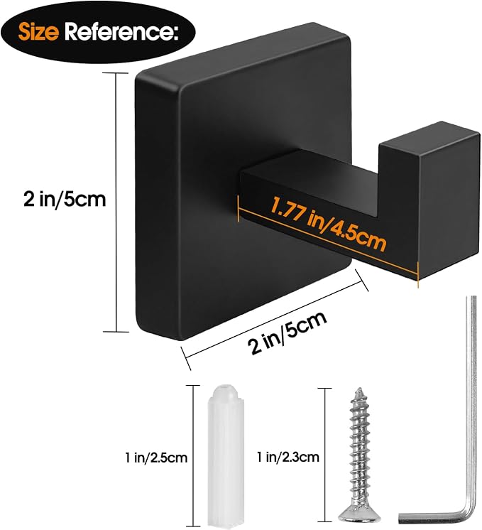 4 Pack Matte Black Towel Hooks for Bathroom, Heavy Duty 33lb Stainless Steel Wall Hooks, Modern Square Robe Hook Screw Mounted for Hanging Coats, Hats, Bags, Rustproof Hardware