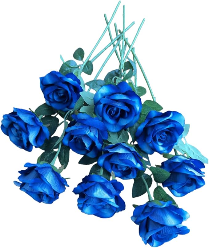 10 Pcs Artificial Rose Bouquets in Faux Flowers with Flannel and Silk-Like Touch Highly Realistic Handmade Ideal for Wedding Hotel Decorations Festival Party Decoration Gift & Props (Blue)