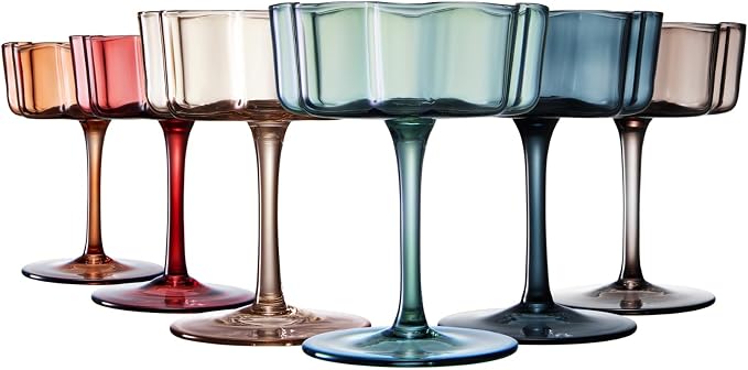 Flower Scalloped Vintage Wavy Petals Wave Glass Coupes 7oz Colorful Martini, Champagne & Cocktails, 6 Set Muted Pastel Shades Rippled Champagne Glasses, Elegant Bar Glassware, Aesthetic Cute Coupe