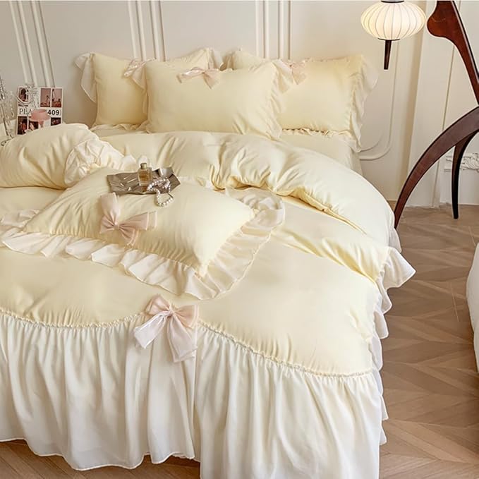 Chic Lace Bedding,Girls Twin Aesthetic Comforter Cover Set,Romantic French Princess Style Ruffled Duvet Cover with Lovely Bow with Zipper Closure-Yellow,Twin Size