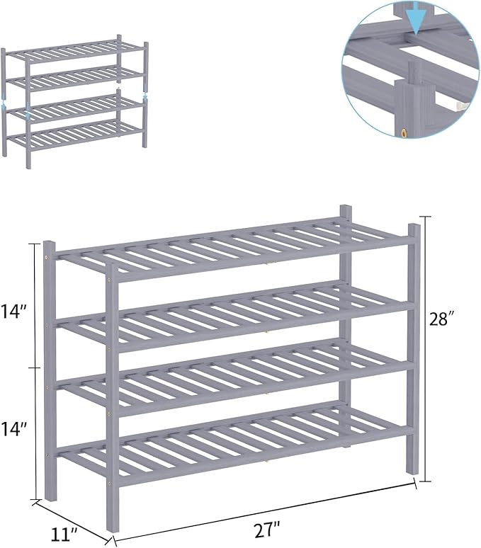RONGJlA 4 Tier Bamboo Shoe Rack for Closet Free Standing Wood Shoe Shelf Storage Organizer for Entryway Small Space Stackable, Gray