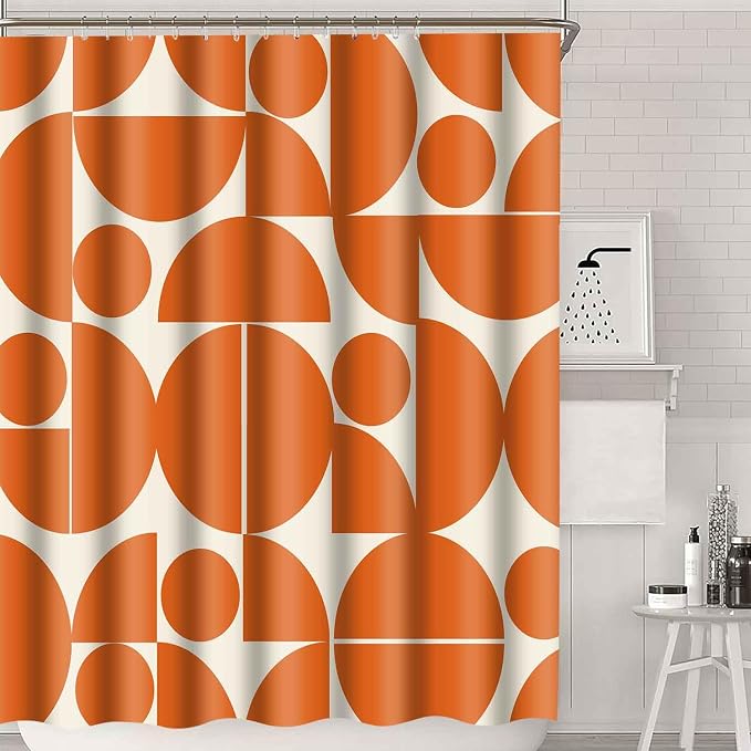 Vintage Orange Mid Century Modern Shower Curtain Boho Abstract Geometric Art Shower Curtains for Bathroom Decor 72x78 Inch 70s 80s Retro Washable Fabric Bathroom Set with 12 Hooks