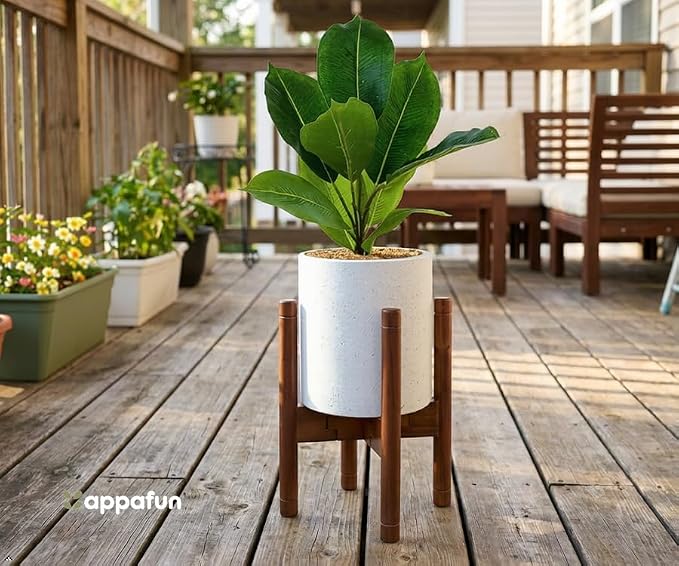 Adjustable Plant Stand for 8–12 Inch Pots, Solid Acacia Wood, Mid-Century Modern Indoor Outdoor Planter Holder with Stainless Steel Screws, Natural Brown (Pot & Plant Not Included)