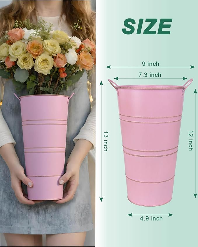 12 Inch Galvanized Metal Vases for Flowers - 2 Pcs Farmhouse Decorative Tall Flower Bucket with Handles, Rustic French Tin Planter Buckets for Wedding Decor (Pink)
