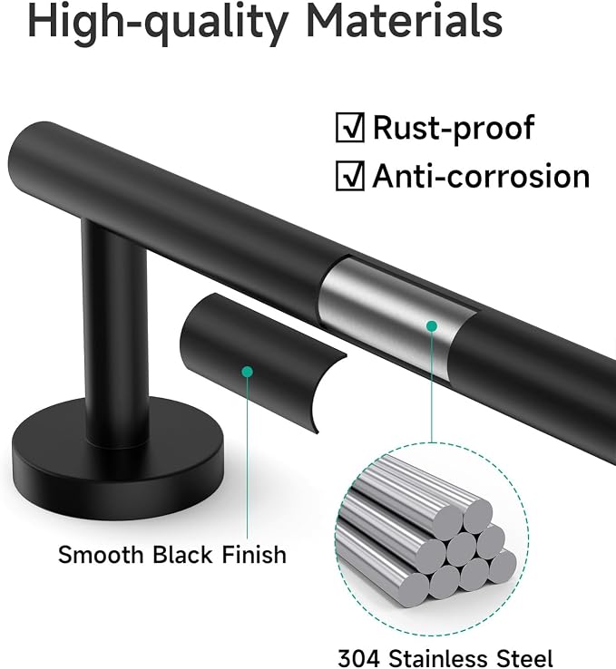 USHOWER Matte Black Towel Bar, 18-Inch Towel Rack for Bathroom Wall Mounted, Thicken SUS304 Stainless Steel Towel Rod Modern Home Decor (Total Length 20-Inch)