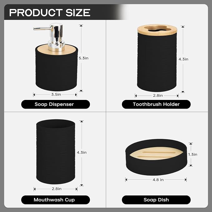 Bamboo Bathroom Accessories Set 4 Pcs, Black Bathroom Accessory Set with Soap Dispenser and Toothbrush Holder, Soap Dish and Mouthwash Cup, Boho Bathroom Decor