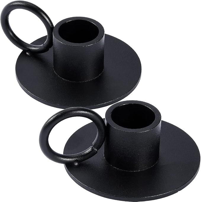2PCS Black Taper Candle Holders with Round Handle, Matte Iron Candlestick Holders Centerpieces for Home Decoration, Wedding Anniversary, Party, Housewarming Gifts.