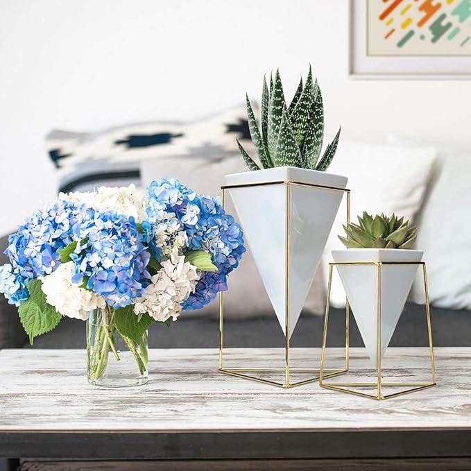 Modern Geometric Table Vases - Set of 2, 1 x Large, 1 x Small, White Ceramic Porcelain Style Baskets, with Decorative Brass Wire Frames - Accents Blue, Turquoise, and Yellow Flowers