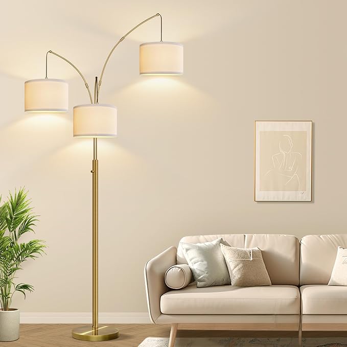 Dimmable Floor Lamp, 3 Light Brass Arc Floor Lamp, Modern Tall Standing Tree Lamp with White Linen Shades & Heavy Base, 3000LM LED Bulbs, Bright Lighting for Living Room, Bedroom, Office & Reading