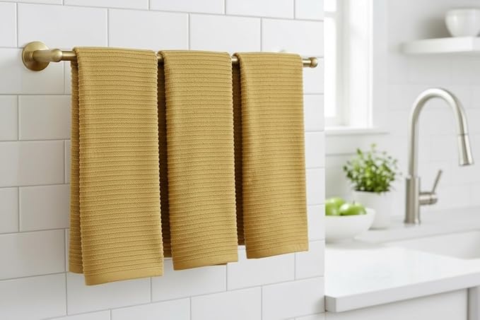 Serafina Home Mustard Yellow Ribbed Kitchen Dish Towels: 100% Cotton Cloth Soft Cleaning Drying Absorbent Terry Loop, Set of 3 Multipurpose for Everyday Use