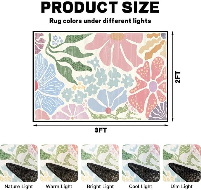 Floral Area Rug Modern Abstract Rug Pastel Flower Print Carpet Colorful Bohemian Plant Rugs for Entryway Bedroom Living Room Nursery Kitchen Playroom Home Decor,2'x3'