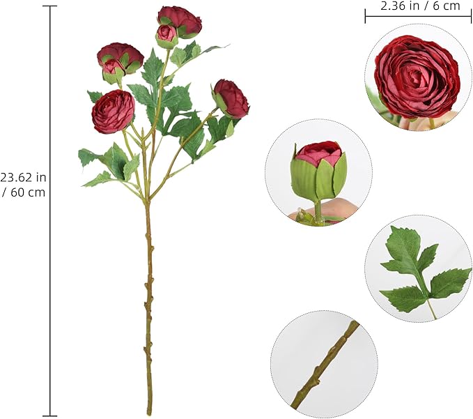 3PCS 18 Heads Silk Burgundy Ranunculus Artificial Flowers Faux Peonies Flowers Look Real Ranunculus Stems for Centerpieces Arrangements Wedding Party Home Decoration(Burgundy)