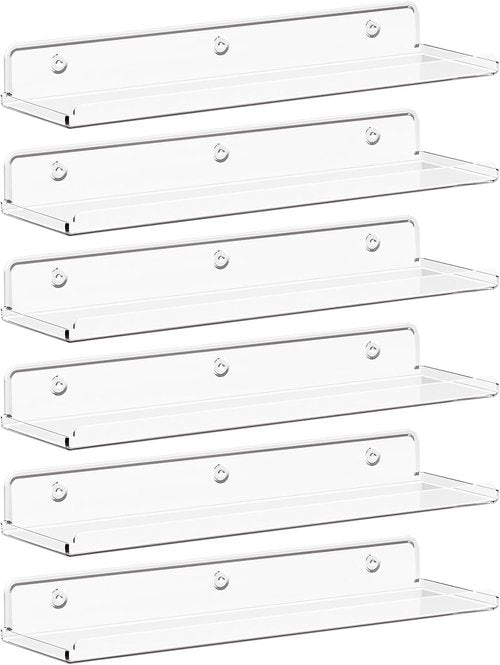 Lifewit Floating Shelves - 15" Clear Acrylic Wall Organizer for Perfume, Makeup & Decor | 6 Pack