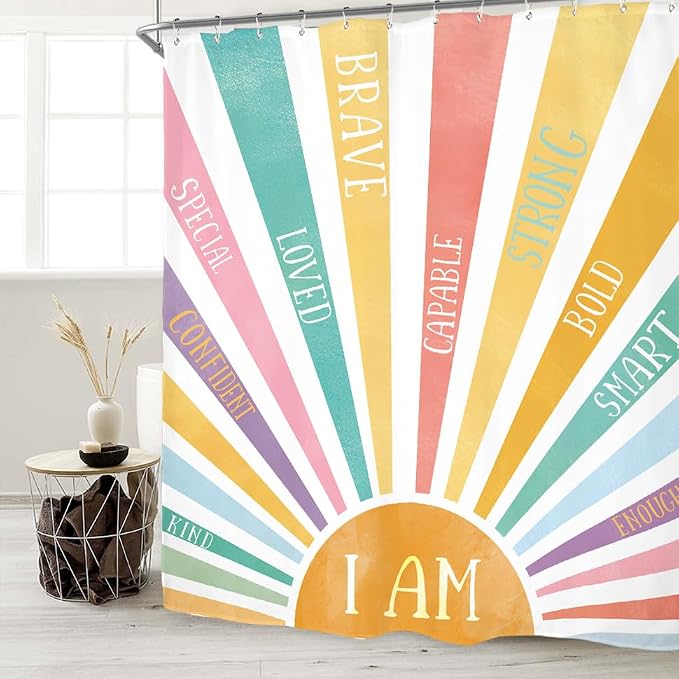 Miyotaa Colorful Sun Pastel Shower Curtain Set 60Wx71H Inches Cute Inspirational Motivational Positive Kids Child Waterproof Bathroom Curtain with 12 Hooks