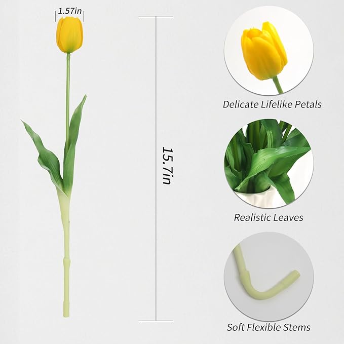 20 Artificial Tulips in Fluted Glass Vase, Waterproof Faux Flowers Bouquet for Wedding Home Office Decor, Table Centerpiece, Housewarming Birthday Gift Set (Yellow)