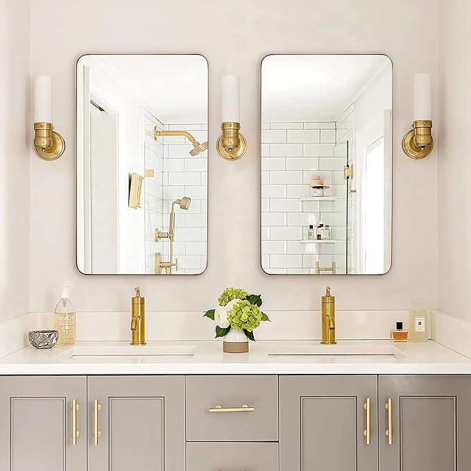ANDY STAR 24x40 Inch Gold Bathroom Mirror, Stainless Steel Metal Frame with Rounded Corner, Rectangle Glass Panel Wall Mounted Mirror Decorative for Bathroom