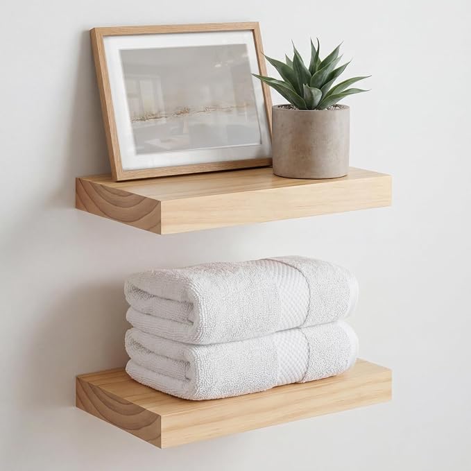 Homeforia 12 inch Natural Floating Shelf, High End Solid Real Wood 12inch Small Floating Shelves for Wall Mounted, Natural Wooden Floating Shelves, Heavy Duty Bracket, 12 X 6.5 X 1.75 in, Set of 4