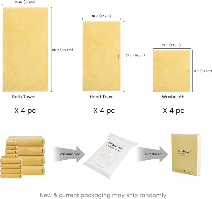 SEMAXE Bath Towel Set, 12 Piece Cotton Towel Set for Bathroom, More Towels for Family Use, Quick Dry with Hanging Loops, Easy Care, Yellow