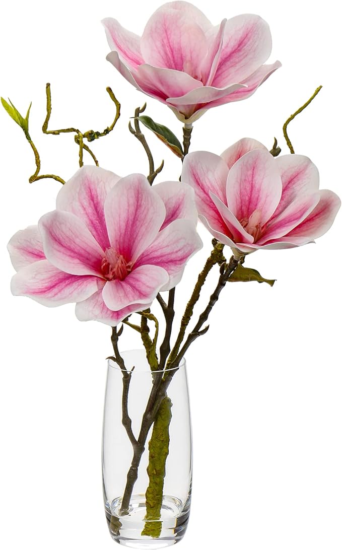 DILATATA Faux Flowers in Vase 15.4" Magnolias Flowers Arrangement with Faux Water Real Touch Flowers for Wedding Table Centerpiece Home Decor, Pink