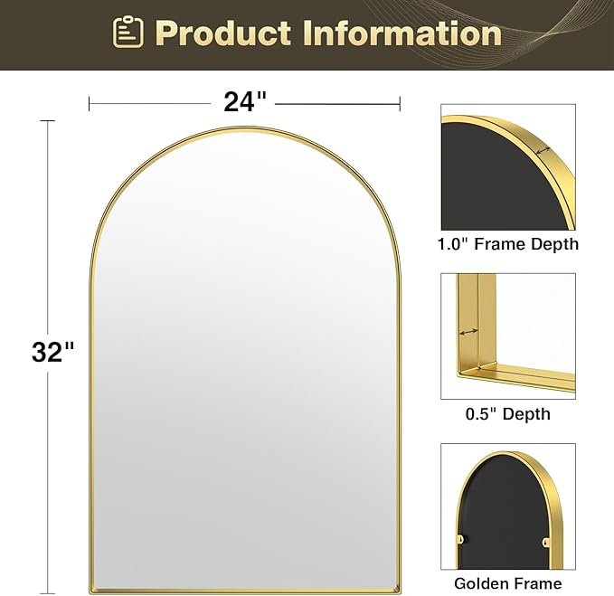 Brightify Gold Arched Mirror, 24 x 32 Inch Arch Wall Mirror, Brass Metal Frame Bathroom Mirror, Arched Top Bathroom Vanity Mirror for Living Room Bedroom Mantel Entryway Hallways