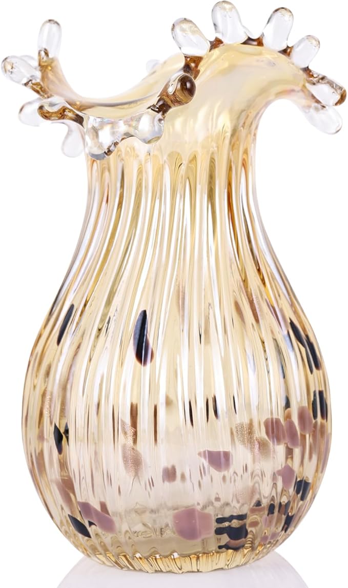DOVDOV Hand Blown Amber Glass Art Deco Vase, Unique Wide Mouth Table Centerpiece, Perfect for Home Decor, Wedding, Engagement, or Housewarming