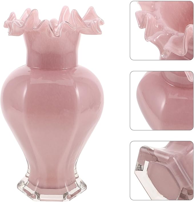 Pearlescent Pink Glass Decorative Vase with Artistic Curved Rim Handblown Artistic Planter for Flower Bouquets Unique Home Accent for Living Dining Table Office and Wedding Decor