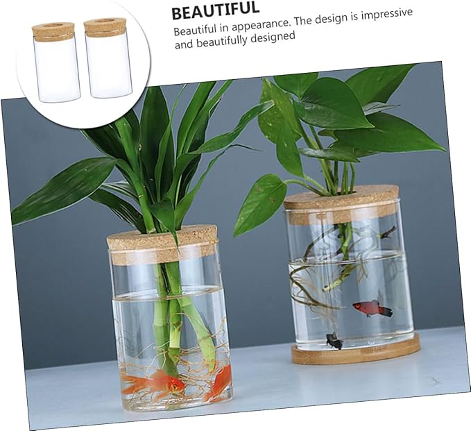 VILLCASE 2pcs Wood Art Glass Vase with Cork Stopper for Hydroponic Plants Decorative Flower Pot for Indoor Greenery Minimalist Plant Vase for Home and Office Decor