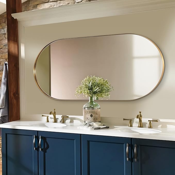 ANDY STAR Gold Bathroom Mirror 60 x 30 Inch, Full Length Mirror, Oval Vanity Mirror, Pill Shaped Mirror in Stainless Steel 1’’ Deep Wall Mounted Vertical/Horizontal