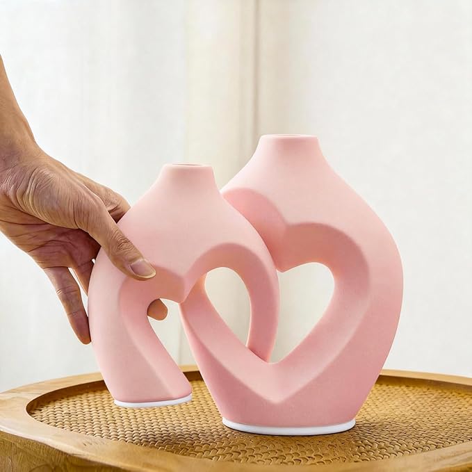 Pink Heart Shaped Ceramic Vases Set of 2, Modern Nordic Minimalist Flower Vases for Home Decor, Hollow Aesthetic Vases for Living Room, Shelf, Table, Office and Wedding Centerpieces