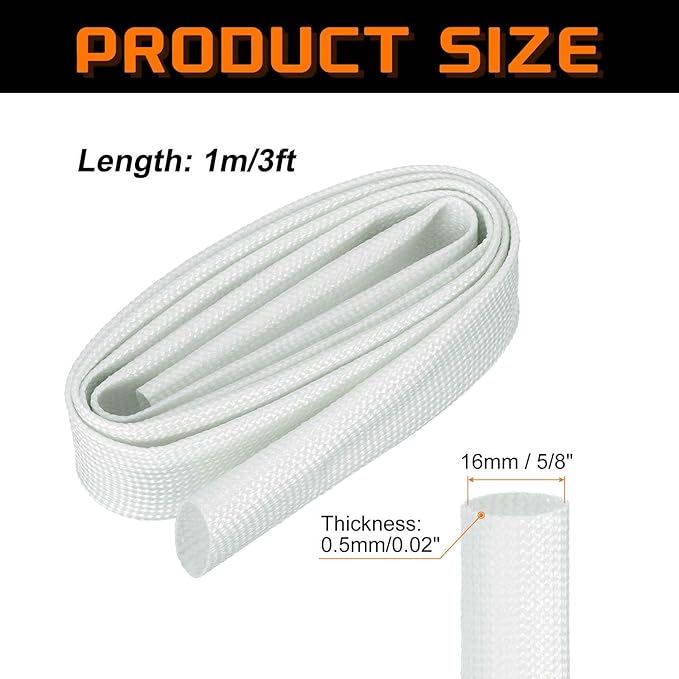 MECCANIXITY 3ft Braided Cable Sleeve, 5/8" ID 200C High Temperature 1500V Fiberglass Wire Insulation Cord Protector Organizer Wires Management for Motor Engine Fuel Line, White