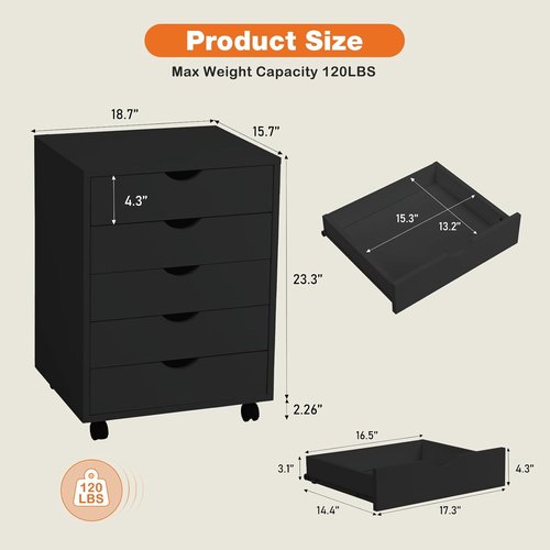 Regine Switzerland 5-Drawer Mobile File Cabinet - Rolling Vertical Storage with Wheels | Black Finish