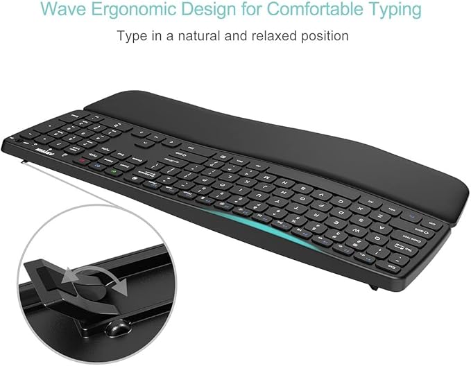 Arteck Bluetooth Keyboard Universal Wave Comfortable Keypad with Palm Rest Multi-Device Full Size Wireless Keyboard for Windows iOS iPad OS Android, Computer Desktop Laptop Surface Tablet Smartphone