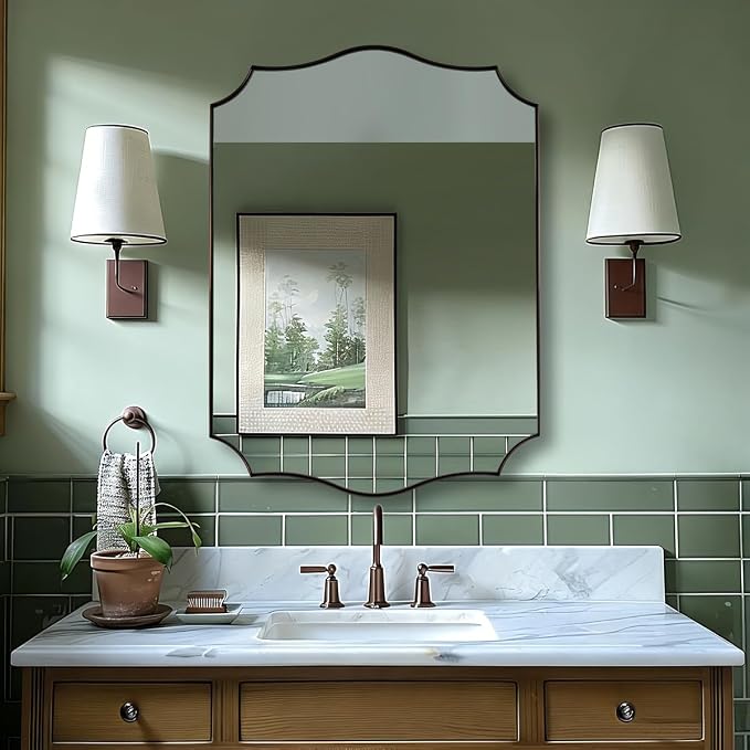 ANDY STAR Scalloped Bathroom Mirror, 24"x32" Brushed Bronze Vanity Mirror, Antique Bronze Decorative Bathroom Mirrors, Anti-Rust Stainless Steel Metal Frame, Stunning Design Ideal for Home Decor