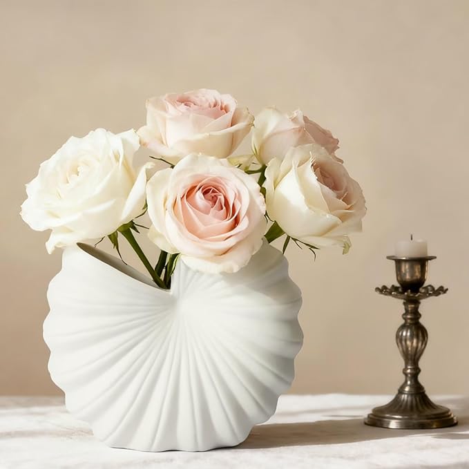 White Shell-Shaped Ceramic Vase for Flowers, 8 Inch Nordic Flower Vases