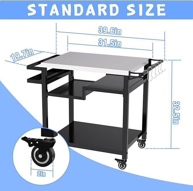 MEXMIODY Outdoor Grill Table, Multi-Function Pizza Oven Stand, Three-Shelf Food Prep and Work Cart Table, Heavy Duty Grill Cart for Party, Bar, Camping