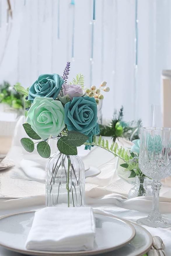 Light Green Artificial Roses 25pcs, Real Looking Fake Foam Flowers with Stems for DIY Wedding Bouquets, Baby Shower, Centerpieces, Spring Party, Home Decor
