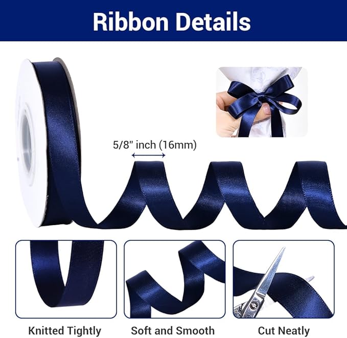 YAMA Navy Blue Double Face Satin Ribbon 5/8" 25 Yards Navy Ribbon for Gift Package Wrapping,Floral Design,Hair Bow Clip Making,Crafting,Sewing,Wedding Decor