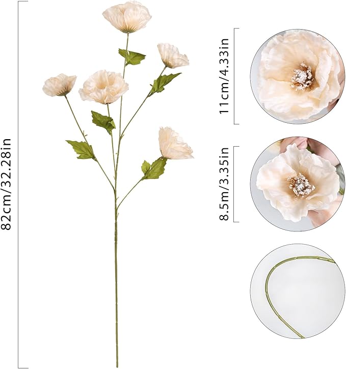 30 Heads Poppy Artificial Flowers 6 PCS Silk Flowers 32 in Poppy Flowers Champagne Flowers for Wedding Home Party Table Centerpiece Arrangement Decoration (Champagne)