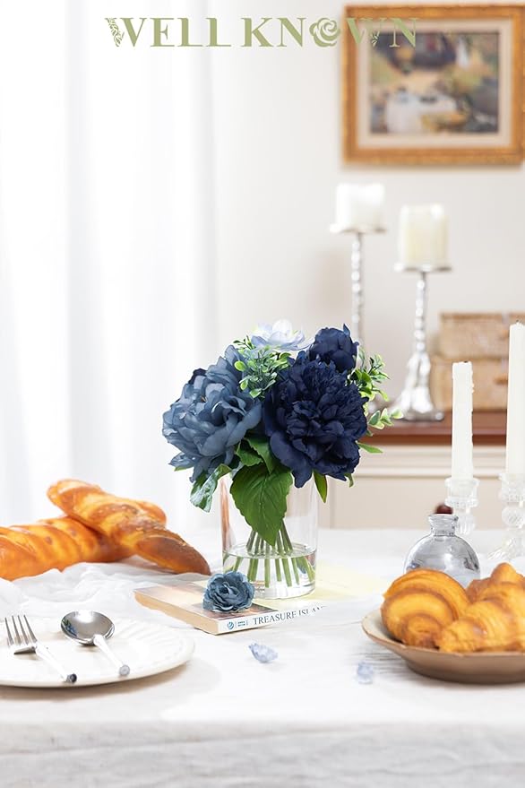 WELL KNOWN Artificial Flowers in Glass Vase with Fake Water, Silk Peony Flower Bouquet for Home Dinning Tea Table, Office Desktop, Hotel, Wedding, Party, Lavatory Decor & Gift (Navy Blue & Light Blue)