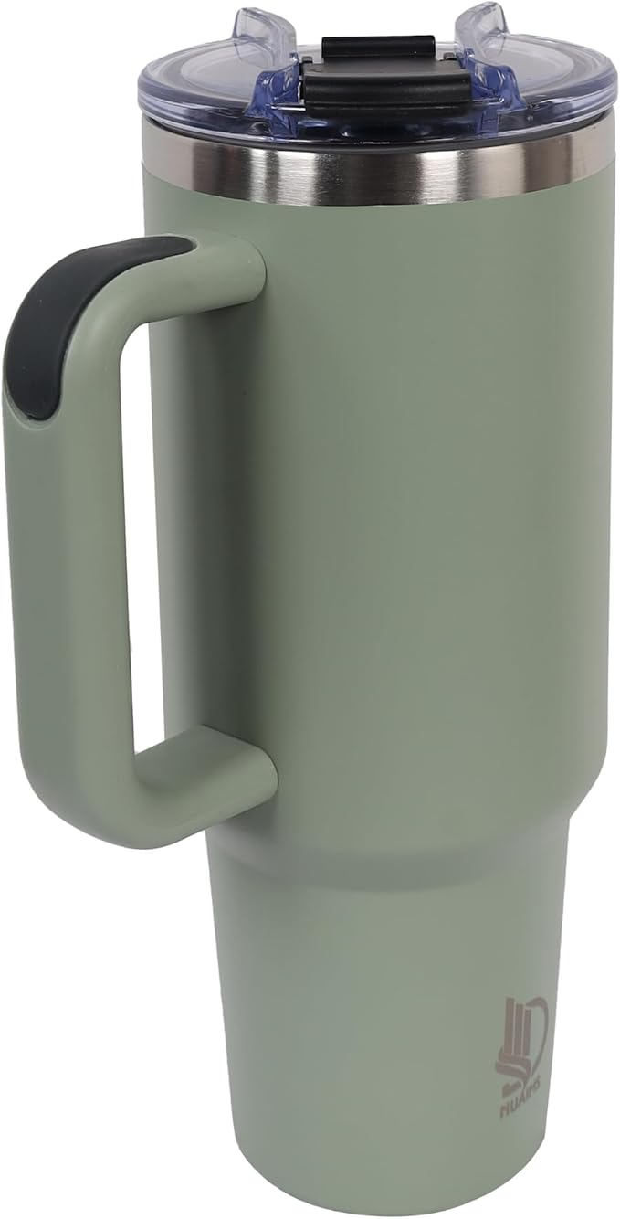 40oz Insulated Tumbler with Handle, Leakproof Straw Lid & Carry Handle - Double Wall Vacuum Insulation Keeps Ice 24 Hours, BPA Free Stainless Steel Water Bottle (Olive Green)