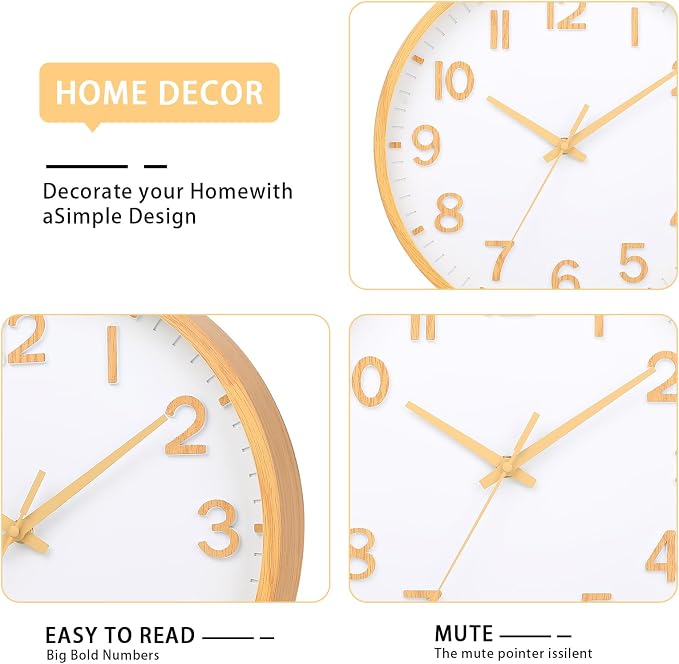 Wall Clocks Battery Operated 10 inch Modern Wall Clock,Silent Non Ticking Wall Clock for Living Room Bedroom Kitchen Office Classroom Decor (Wood Grain Yellow White)