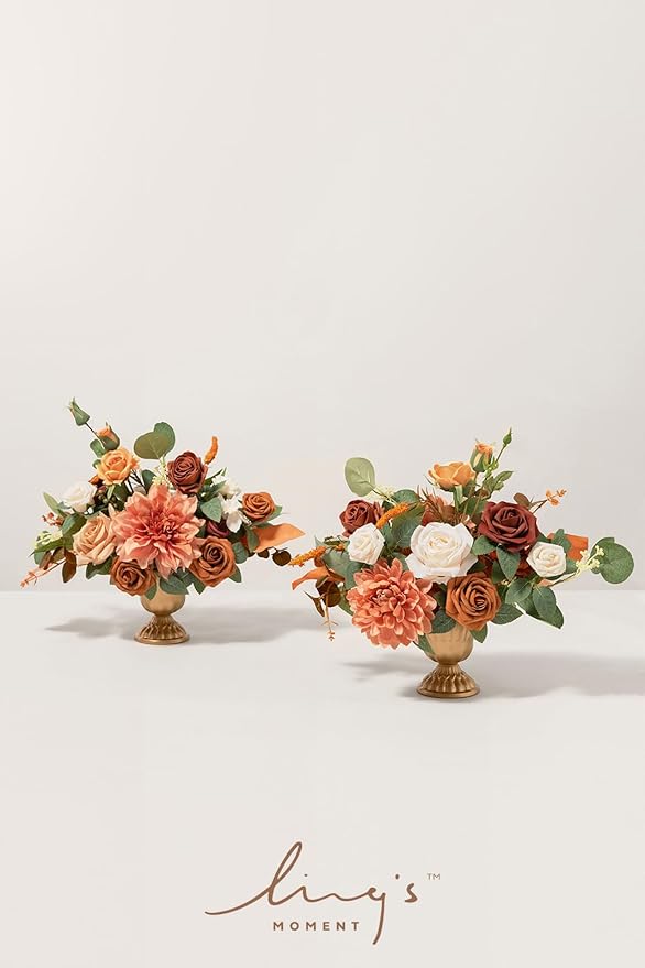 Ling's moment Terracotta Artificial Flowers with Vase Wedding Table Decor Bouquet Centerpiece Flower Potted for Ceremony Reception Desk Flowers Mantel Archway Aisle, Orange Fake Flowers Set of 2