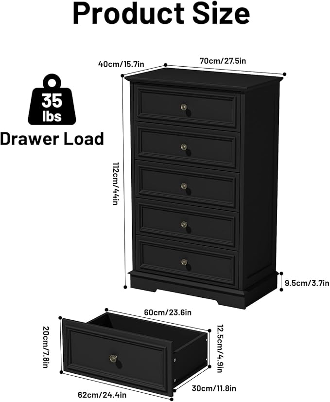Black 5 Drawer Dresser for Bedroom, 44" Tall Dresser with Metal Handle, Modern Chest of Drawers for Closet Organizer, Farmhouse Wood Dressers for Bedroom, Living Room, Hallway